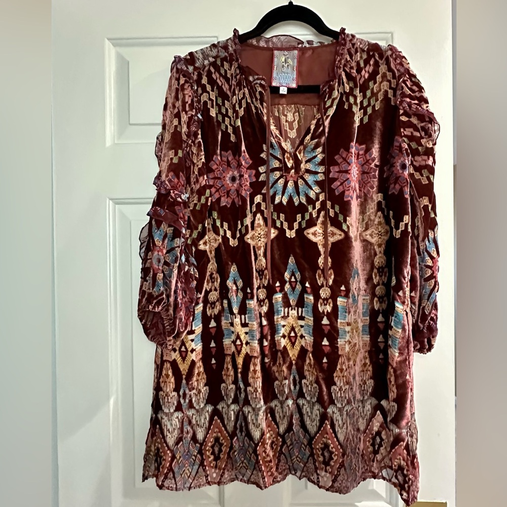 Johnny Was Burnout Mali Tunic Top Shirt Burgundy Velvet Brown Size Medium